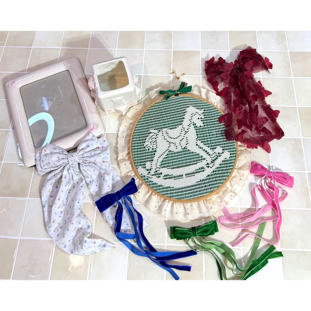 Vintage Cottagecore Bundle Ceramic Frame Nursery Planter Lace Hoop Hair Bows
